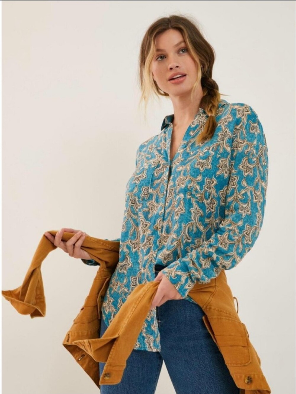Pilcro Blue Paisley Split-Neck Button Blouse